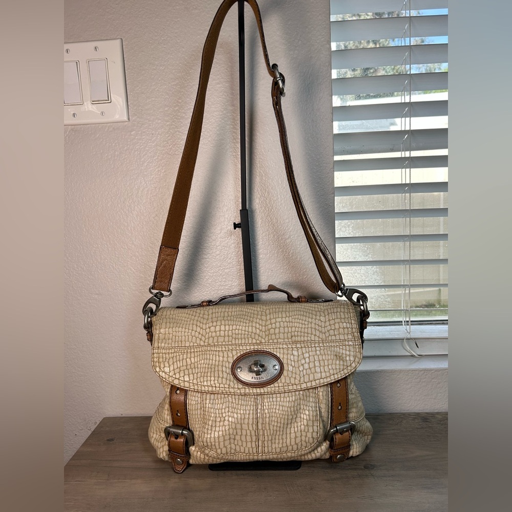 Fossil Crossbody Purse Bag Reptile Snakeskin Print Leather Maddox Tan Beige